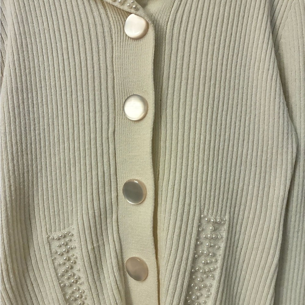 Elegant Cream Ribbed Maxi Skirt & Sweater Top— Women’s Stretch Knit Size M - Picture 5 of 14
